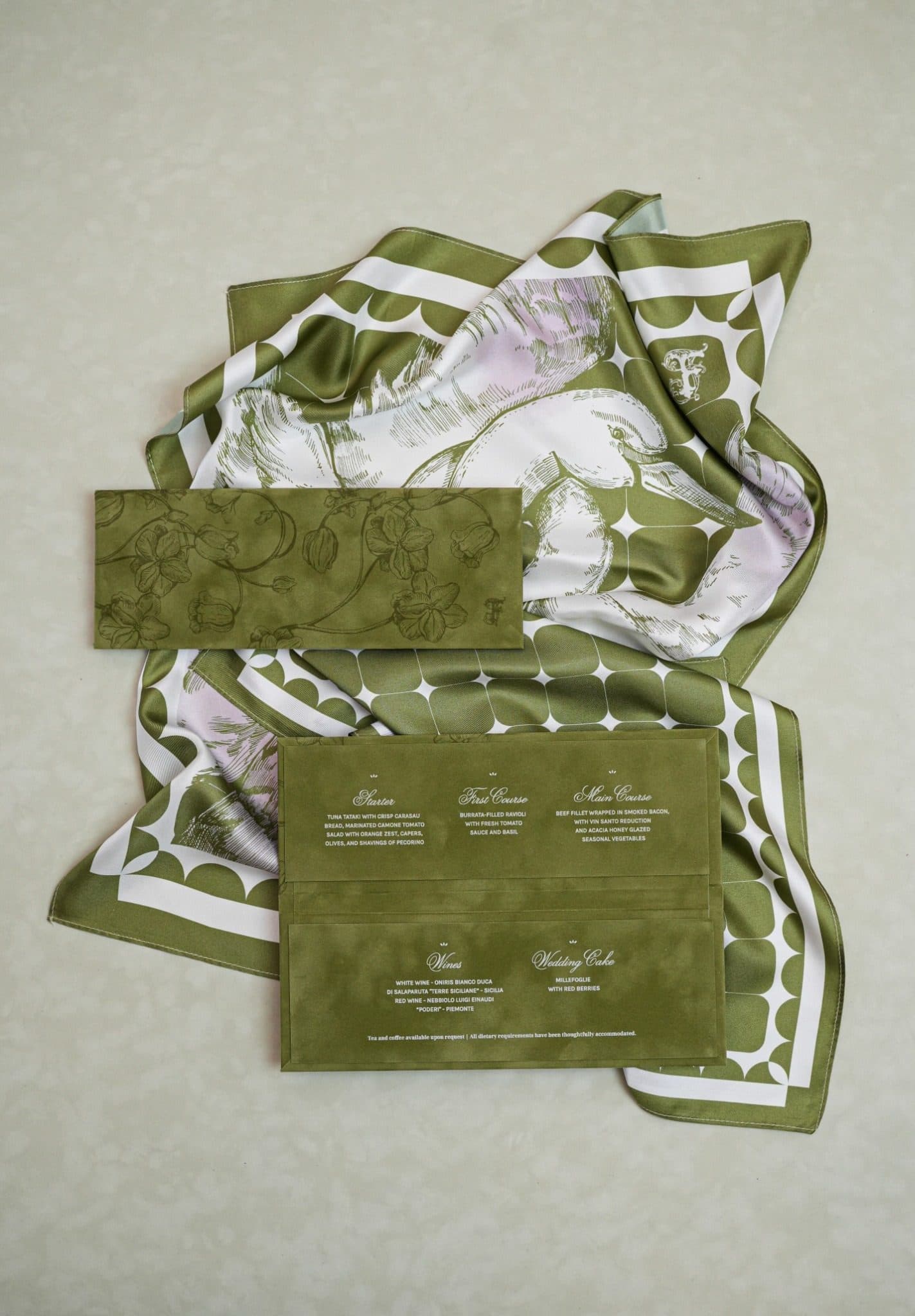 IuMi Studio olive green illustrated silk scarf with coordinated stationery