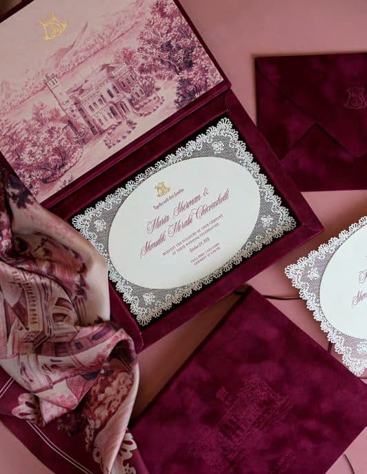 Bespoke burgundy and lace invitation suite