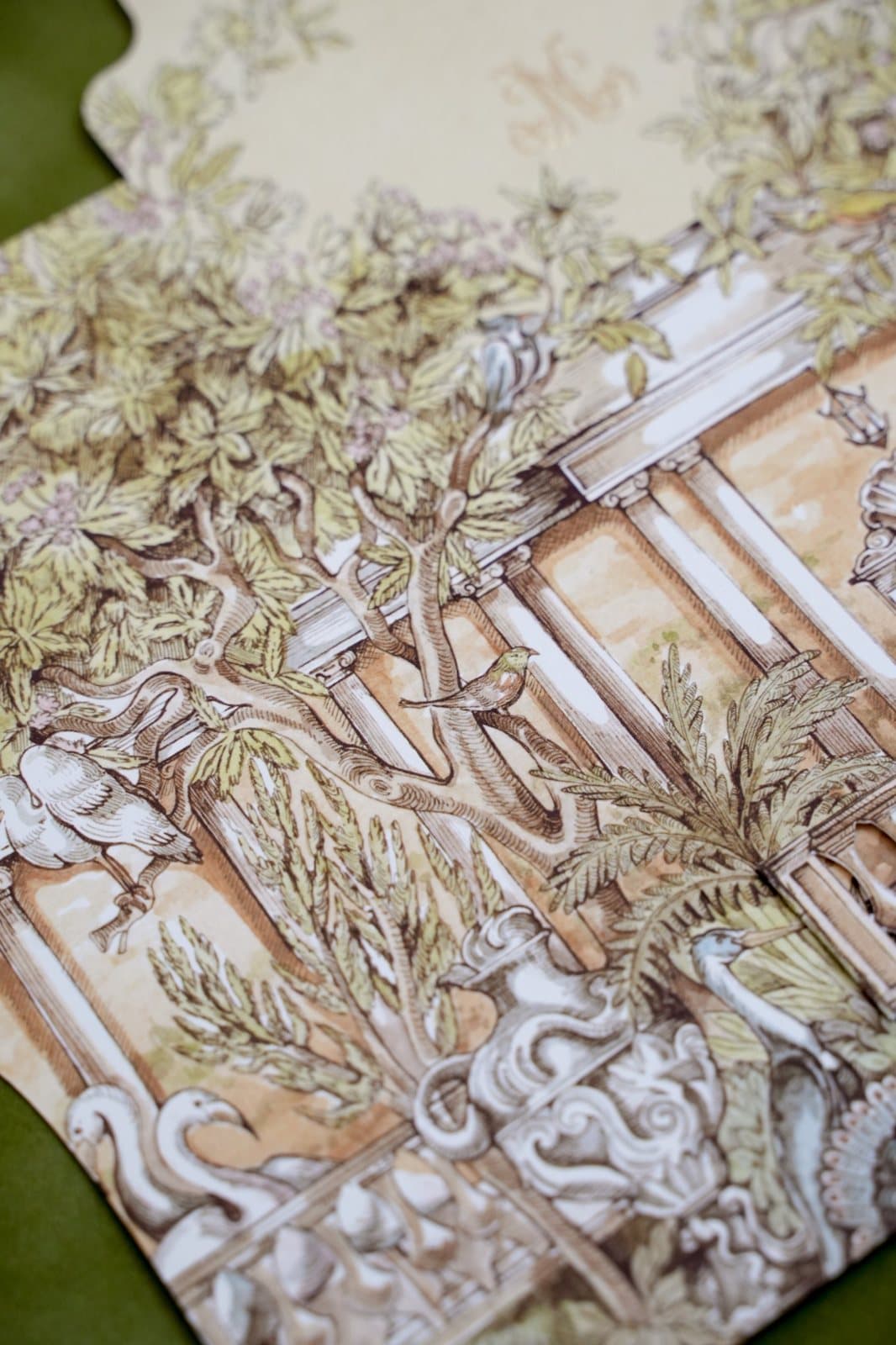 Detail of the hand-drawn illustration: columns, birds and garden foliage in soft watercolour tones
