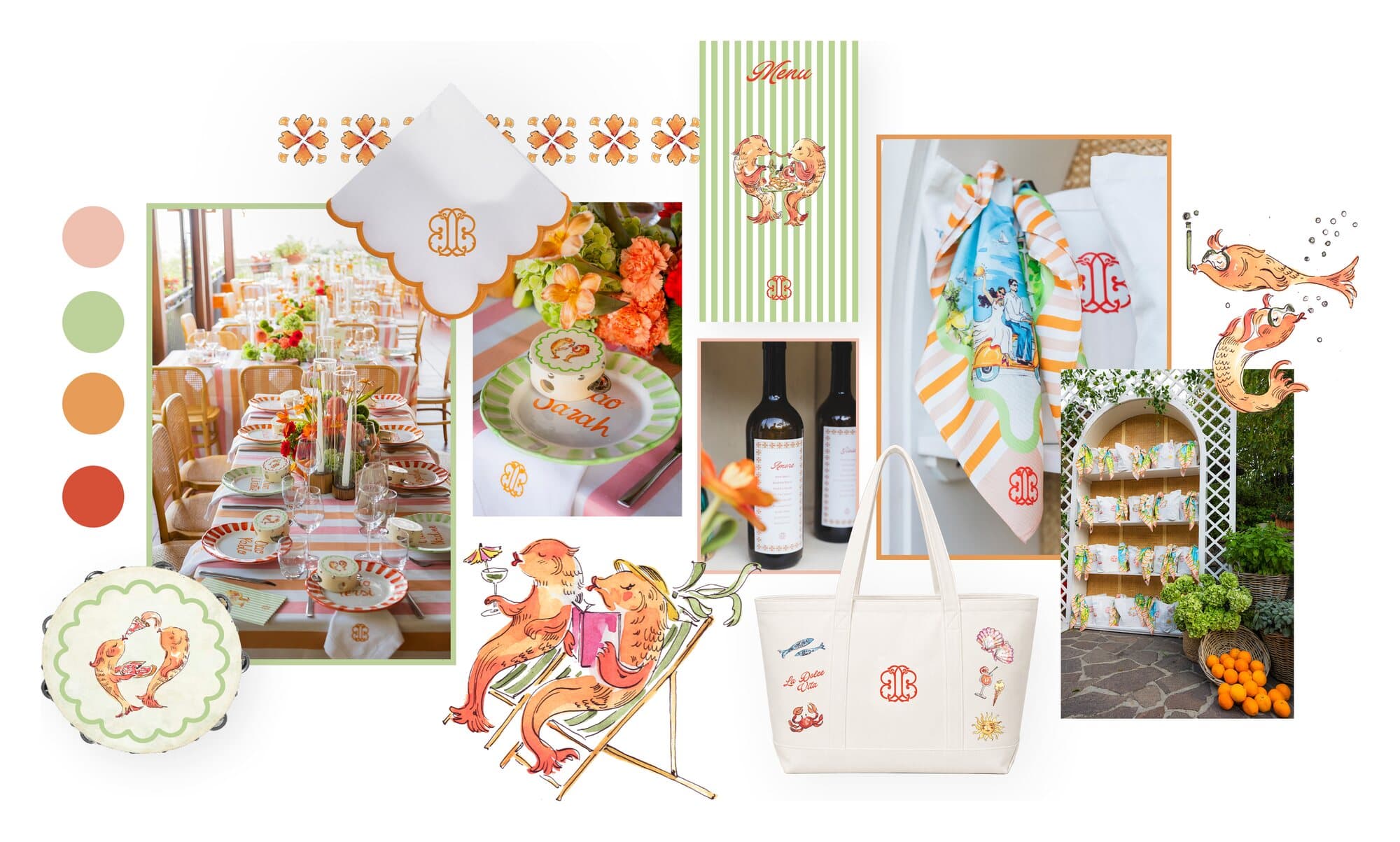 Amalfi Coast wedding identity by IuMi Studio: illustrated fish motif in coral and sage, monogrammed napkins, striped menus, wine labels, printed silk scarf, tote bag and seating display