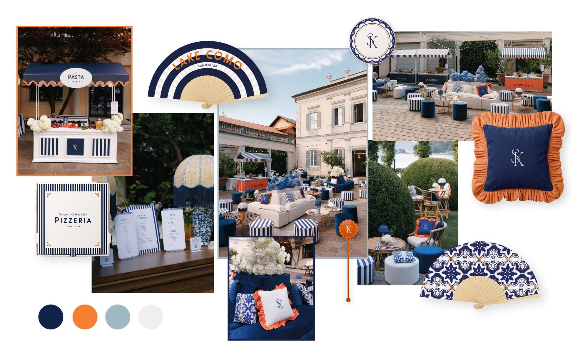 Lake Como wedding identity by IuMi Studio in navy and orange: striped pasta and pizza stands, Lake Como fans, monogrammed cushions, menus and villa lounge styling