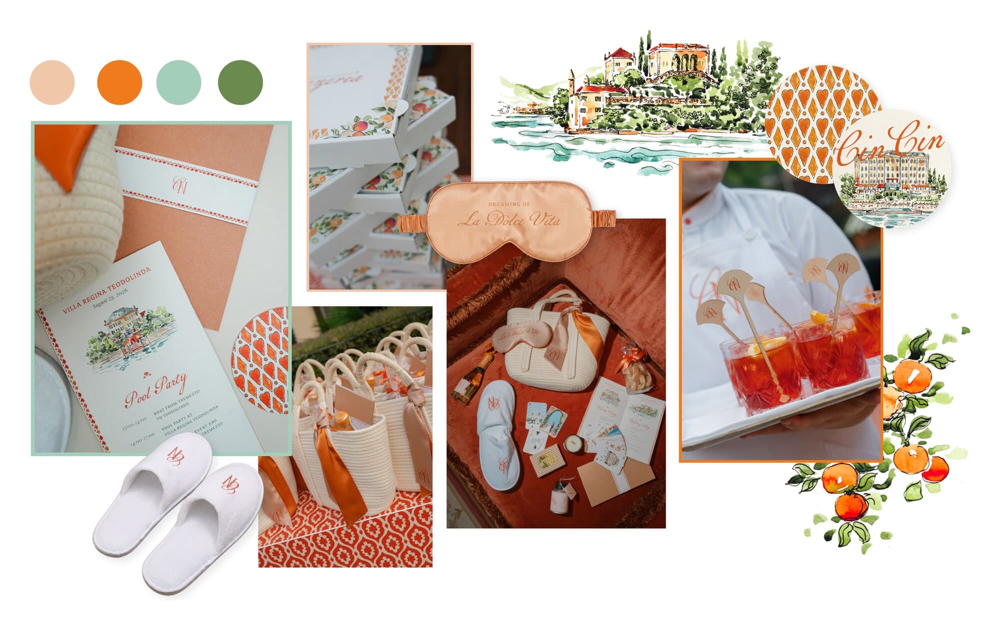 Lake Como pool party by IuMi Studio at Villa Regina Teodolinda: watercolour lake illustrations, peach invitations, monogrammed slippers, welcome bags, sleep masks and cocktail stirrers