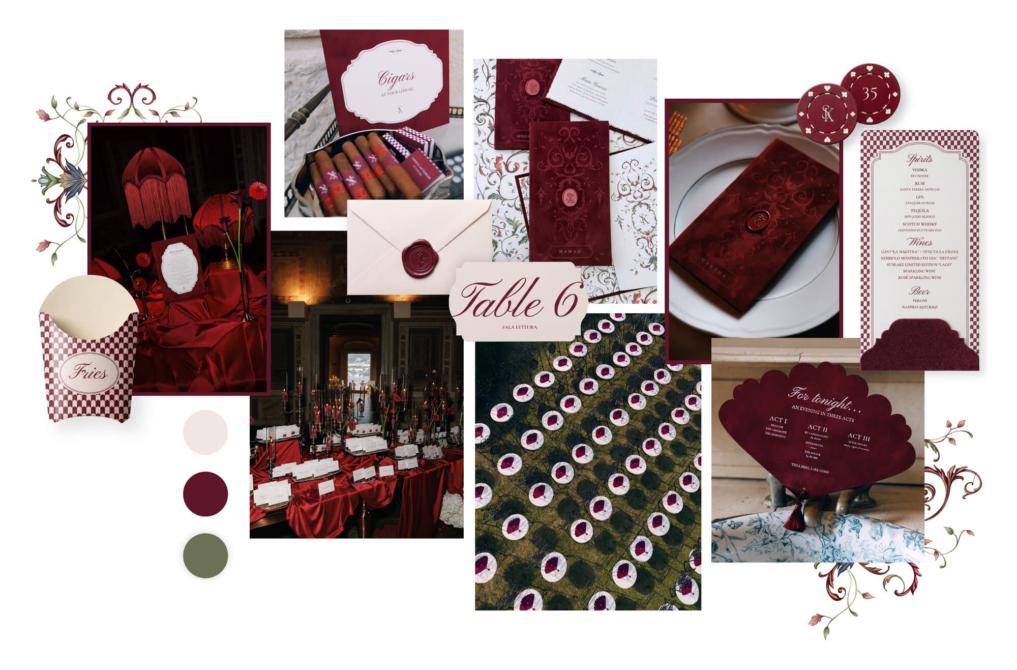 Lake Como wedding by IuMi Studio in burgundy: velvet invitations with wax seals, Table 6 card, cigar box, poker chips, fan-shaped programme and candlelit seating