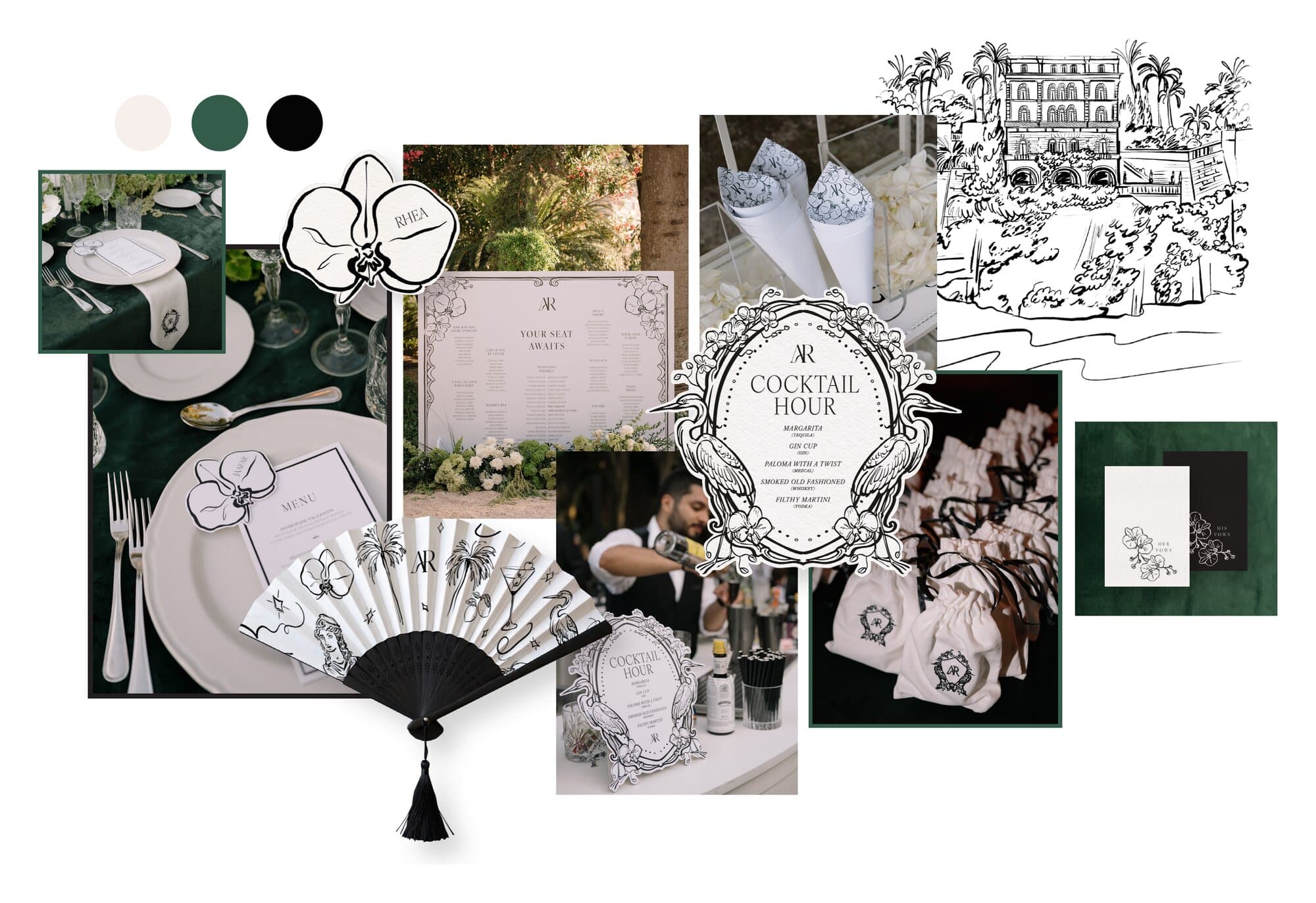 Amalfi Coast wedding by IuMi Studio in black, white and green: hand-drawn villa illustration, orchid place cards, seating chart, cocktail hour menu, painted fan and favour pouches