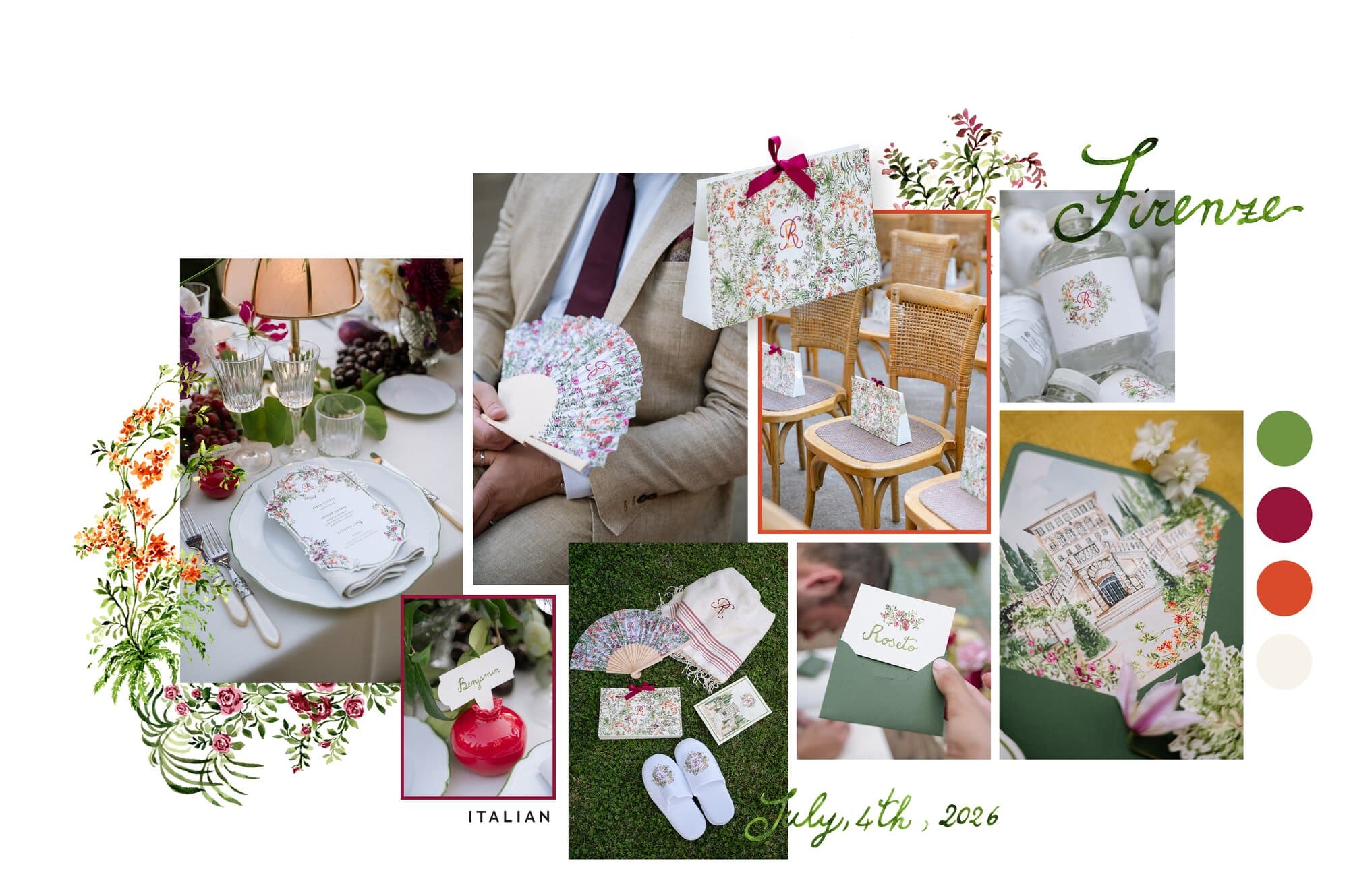 Florence wedding by IuMi Studio: watercolour botanical menus, floral fans, illustrated villa envelope liners, place cards, gift bags and monogrammed slippers