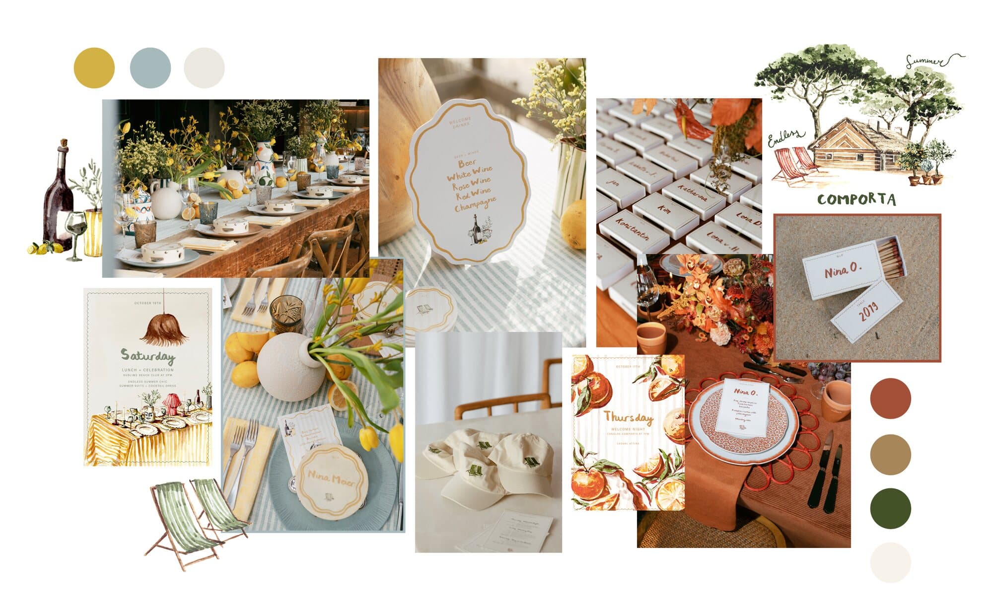 Comporta wedding weekend by IuMi Studio: hand-lettered invitations, scalloped bar menu, illustrated place cards, matchboxes and embroidered caps in ochre and terracotta